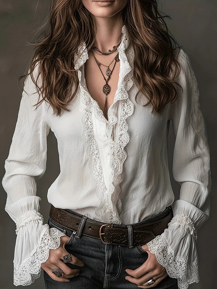 Cardydony Women's Retro Lace Cotton And Linen Long-sleeved Shirt