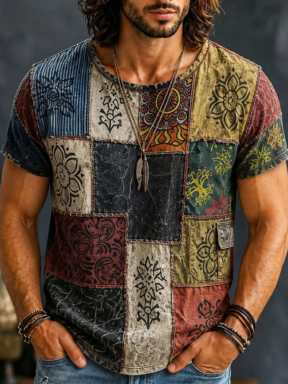 Cardydony Men's Retro Hippie Patchwork Print Cargo Short Sleeve T-shirt