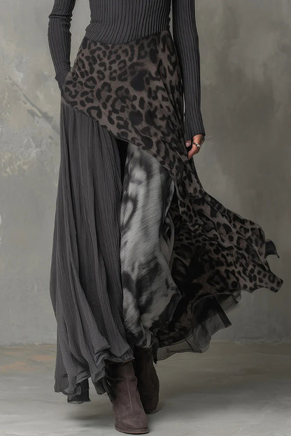 Cardydony Women's Stylish Leopard Print Patchwork Casual Long-sleeved Maxi Dress