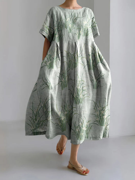 Cardydony Women's Japanese Flower Art Short Sleeve Midi Dress