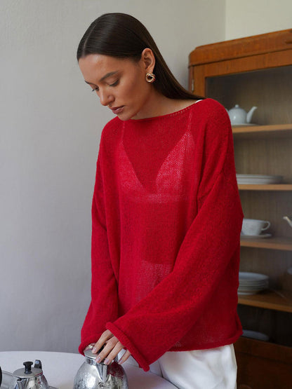 Cardydony Women's Sheer Knit Sweater | Breathable Loose Fit, Bell Sleeves