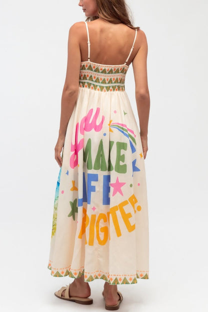 Cardydony Women's Unique Printed Spaghetti Strap Pleated Casual Maxi Dress