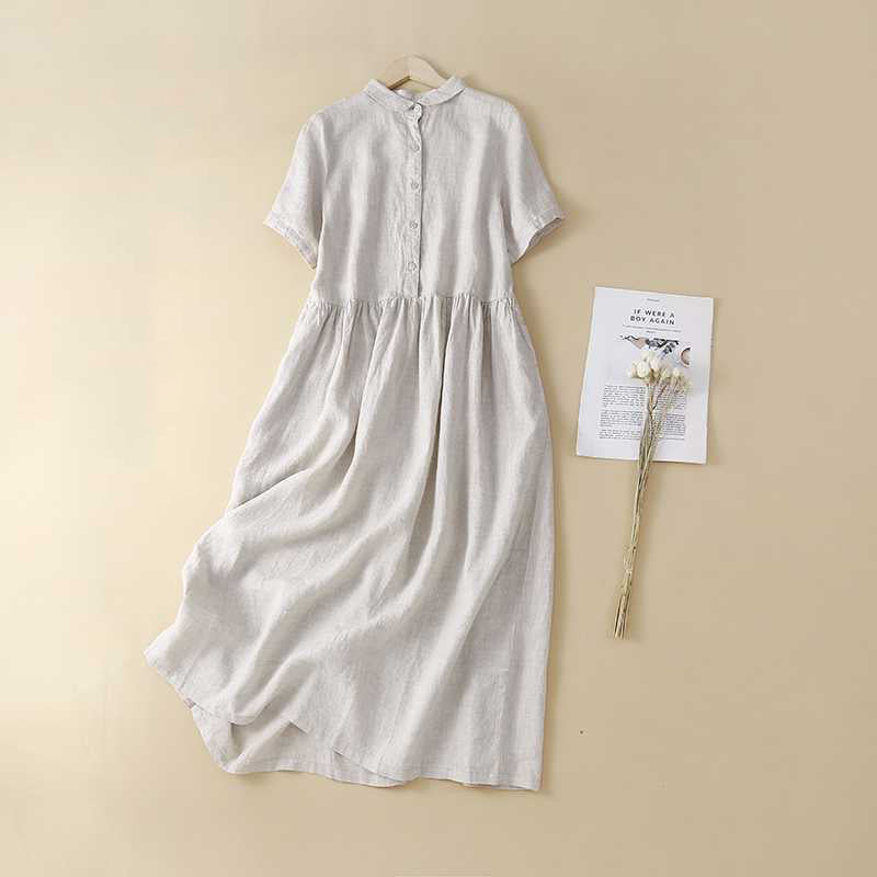 Cardydony Women's Solid Color Linen Blend Lapel Dress