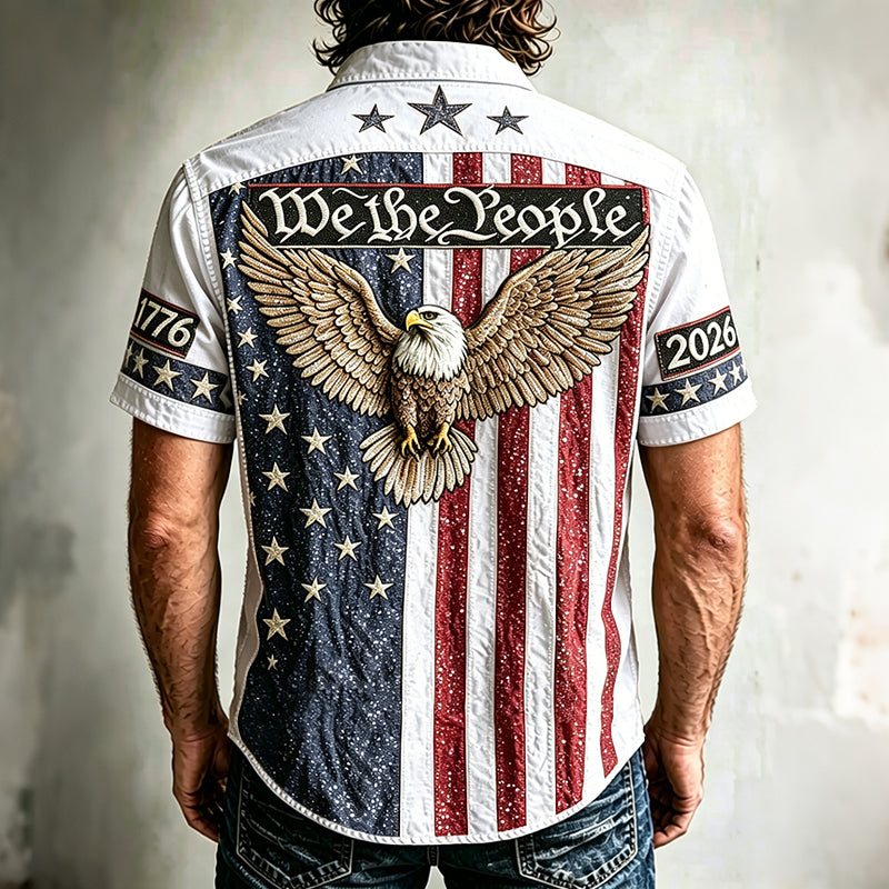 Cardydony Men's Vintage Independence Day And Eagle Print Short-sleeve Shirt