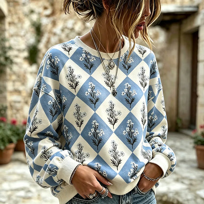 Cardydony Women's Casual Crewneck Sweatshirt - Blue And White Argyle Checkered Pattern With Delicate Floral Plant Print Top