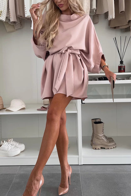 Cardydony Women's Solid Color Loose Round Neck Belted Mini Dress