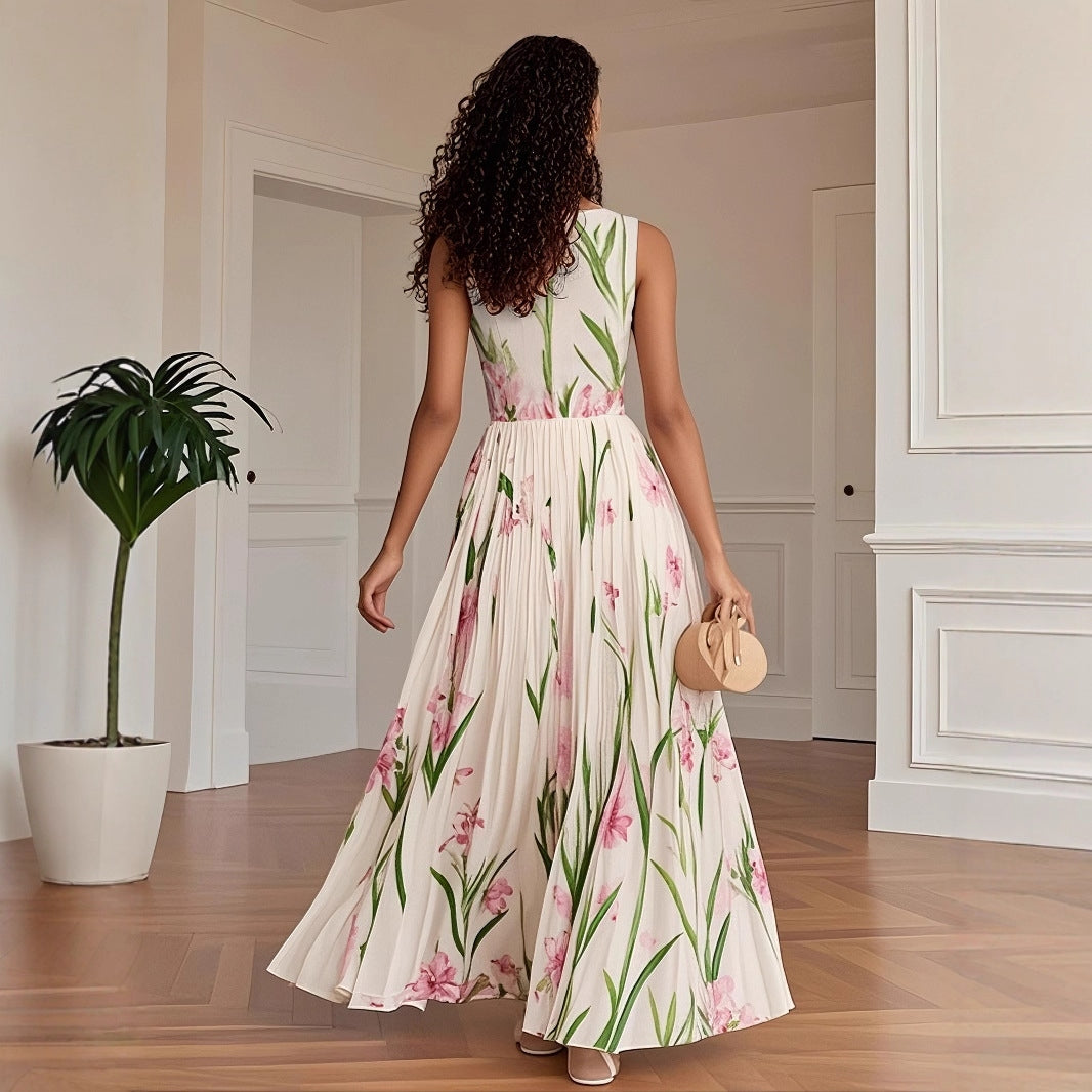 Cardydony Pleated Slim Fit Floral Print Slip Dress