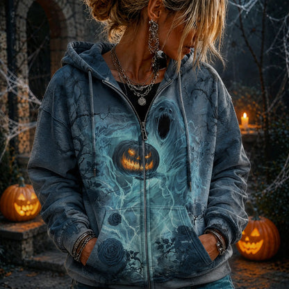 Cardydony Women's Retro Gothic Washed Halloween Ghost Pumpkin Lantern Deep Rose All-print Hooded Sweatshirt