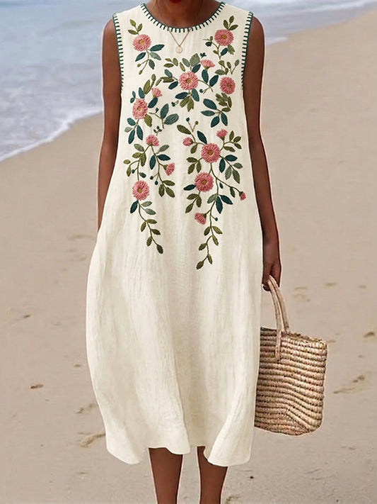 Cardydony Women's Bohemian Floral Pattern Round Neck Sleeveless Loose Midi Dress
