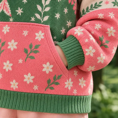 Cardydony Women's Cute Floral Snowflake Pattern Oversized Hooded Knit Sweater With Kangaroo Pocket