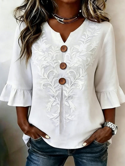 Cardydony Women's Vintage Casual Jacquard Short-sleeve V Neck Top