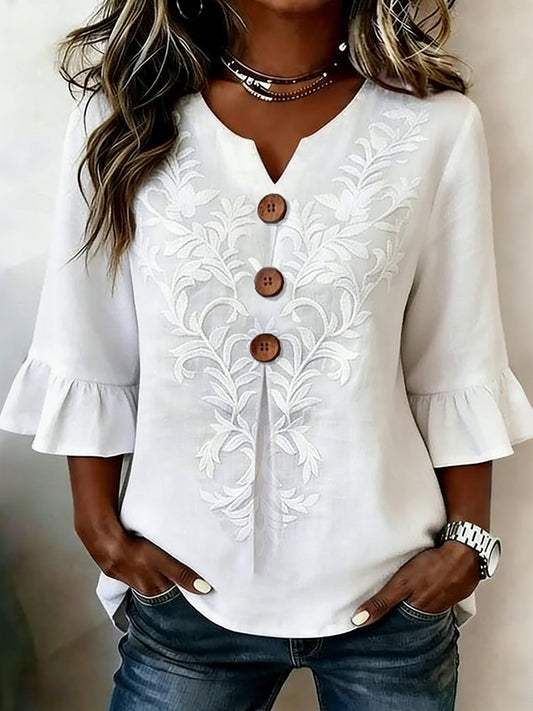 Cardydony Women's Vintage Casual Jacquard Short-sleeve V Neck Top