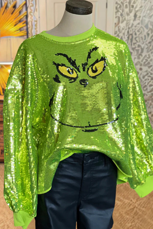Cardydony Women's Mr Grinch Sequin Unique Pattern Long Sleeve Loose Sweatshirt