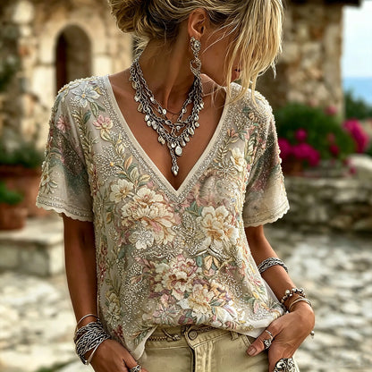 Cardydony Boho Beaded Floral Embroidery Sheer V Neck Blouse, Romantic Garden Rhinestone Vacation Women Top