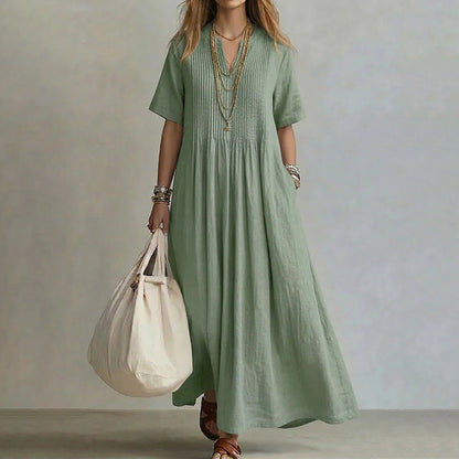 Cardydony Women's Retro Solid Color Loose V-neck Short-sleeve Pleated Cotton Linen Dress