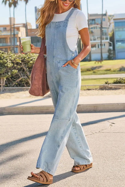 Cardydony Women's Stylish Loose Pockets Side Buttons Wide-leg Denim Jumpsuit