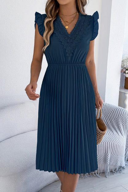 Cardydony Women's Solid Color V-neck Lace-trimmed Sleeveless Casual Pleated Midi Dress