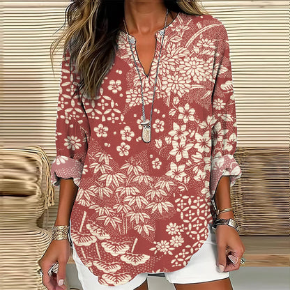 Cardydony Vintage Japanese Art Flower Print V-Neck Loose Blouse