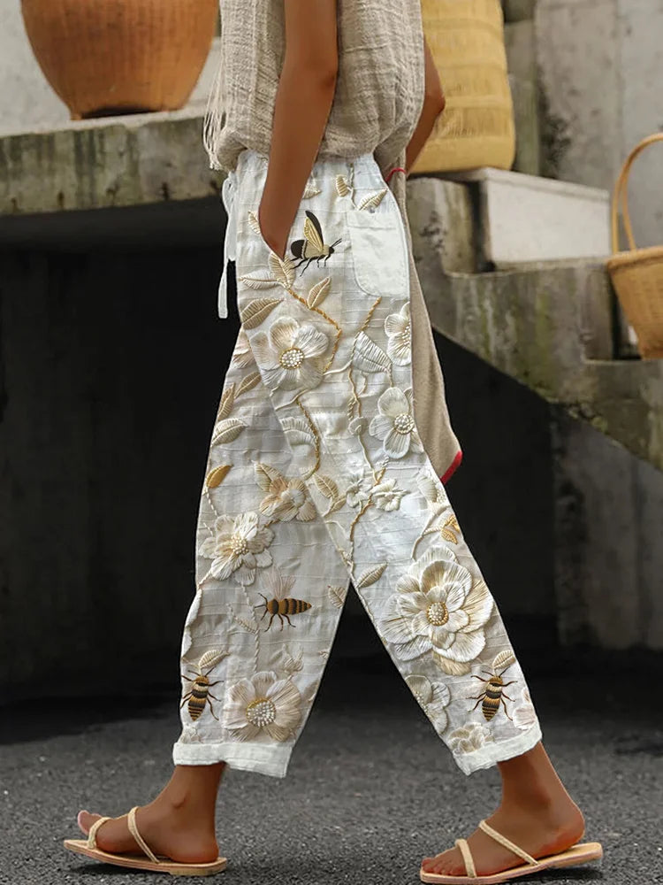 Cardydony Bees Flowers Embroidery Pattern Linen Blend Pants
