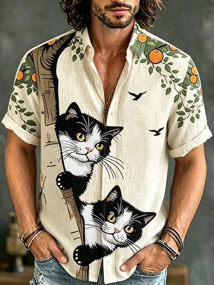 Cardydony Men's Cat Collection Ukiyo-e Cats And Orange Trees Inspired Art Flowy Linen Blend Shirt