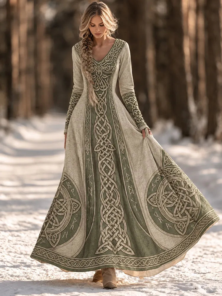 Cardydony Women's Vintage Viking Celtic Knot Art Print V-neck Maxi Dress(belt Not Included)