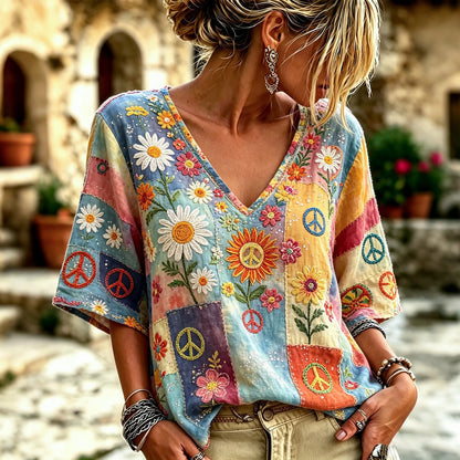 Cardydony Women's Retro Peace Logo Floral Embroidery Patchwork Art V-neck Short Sleeve T-shirt
