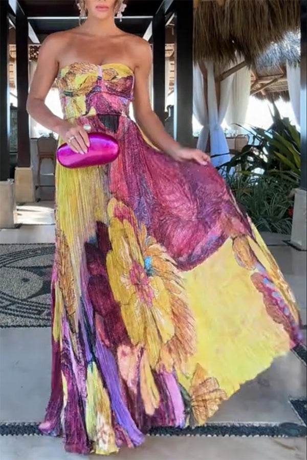 Cardydony Women's Vibrant and Bold Floral Print Sweetheart Neck Pleated Maxi Dress