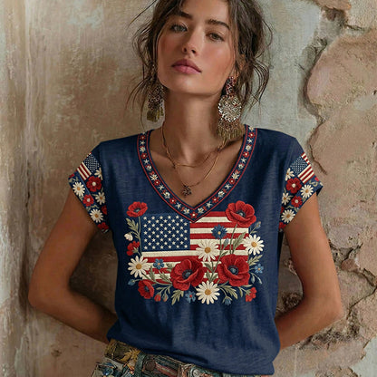Cardydony Women's Retro Flag Floral Art Pattern V-neck Short Sleeve T-shirt