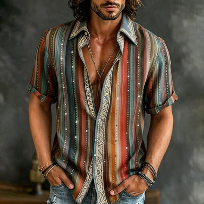 Cardydony Men's Vintage Stripes Pattern Art Casual Cotton Shirt