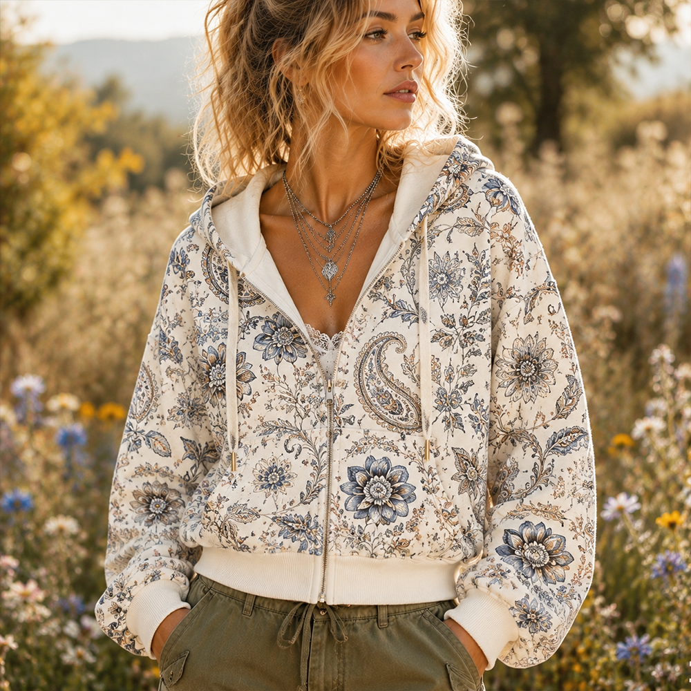 Cardydony Women's Vintage-style Full-zip Hoodie With Floral And Paisley Print
