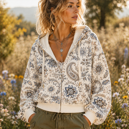 Cardydony Women's Vintage-style Full-zip Hoodie With Floral And Paisley Print