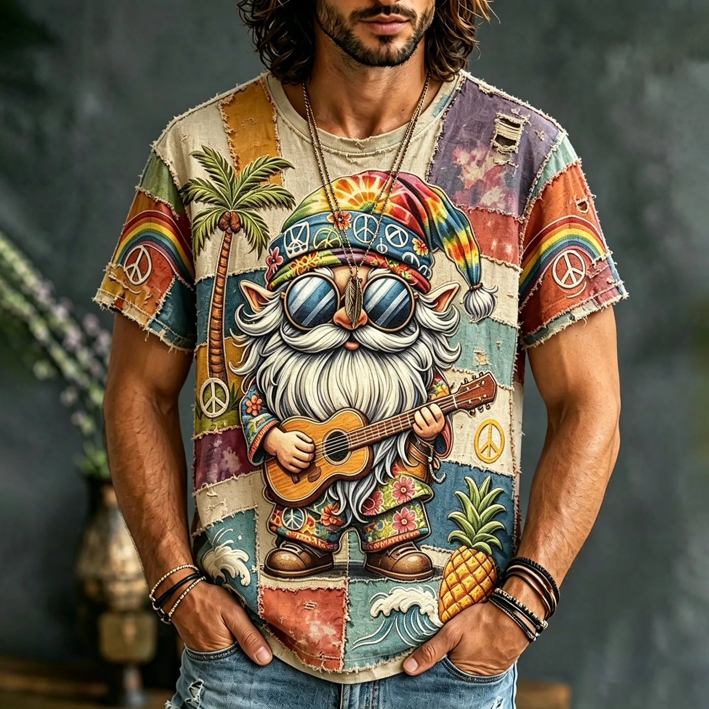 Cardydony Men's Fun Patchwork Peace Gnome Guitar Art Print T-shirt