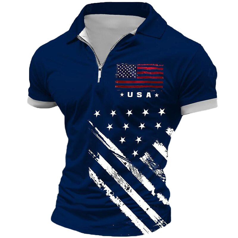 Cardydony Men's Retro American Flag Veterans Print Zipper Up Polo Shirt