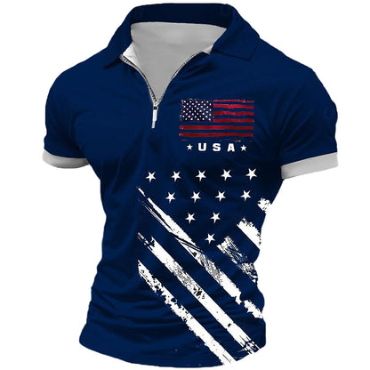 Cardydony Men's Retro American Flag Veterans Print Zipper Up Polo Shirt