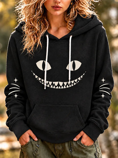 Cardydony Women's Black Cat Grin Silhouette Drawstring Hooded Sweatshirt