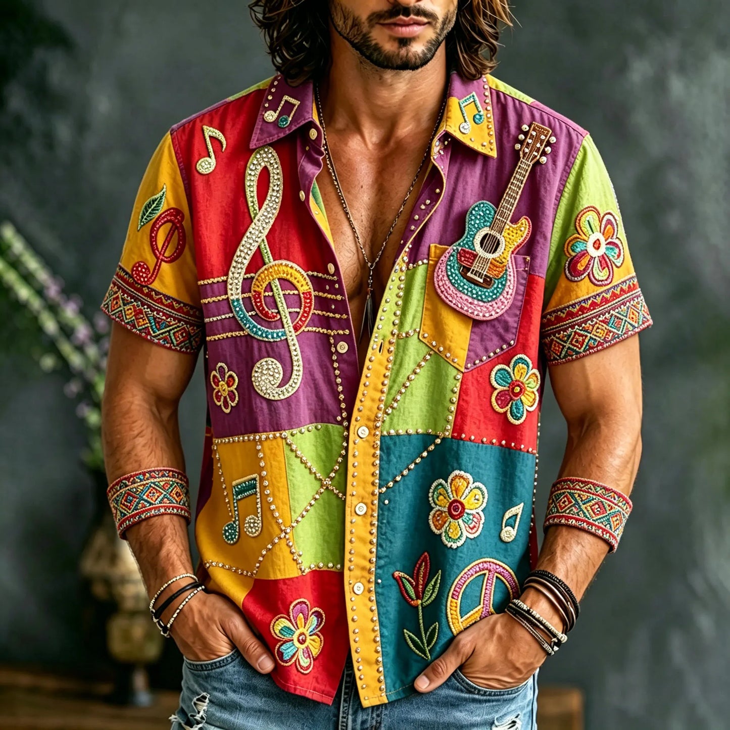 Cardydony Men's Guitar-themed Floral Patchwork Short-sleeved Shirt