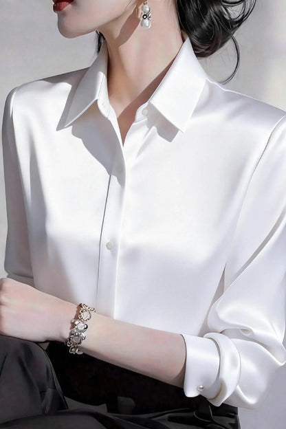Cardydony Women's  Solid Color Satin Collared Long-sleeved Button-down Casual Shirt