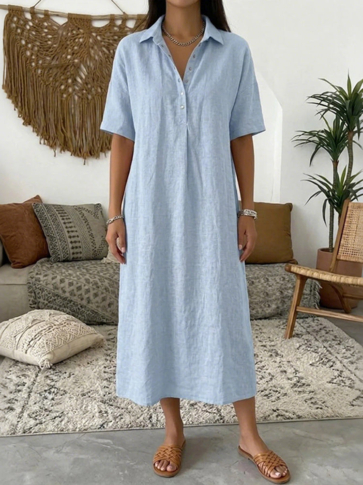 Cardydony Women's Solid Color Lapel Linen Blend Shirt Midi Dress