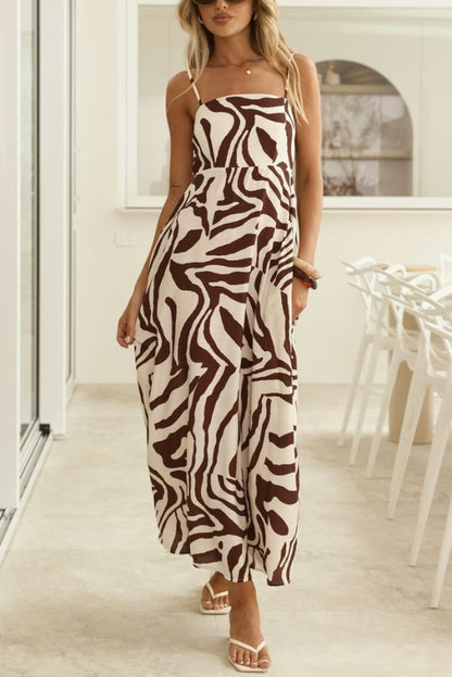 Cardydony Women's  Zebra Print Sleeveless Spaghetti Strap High-waisted Vacation Maxi Dress