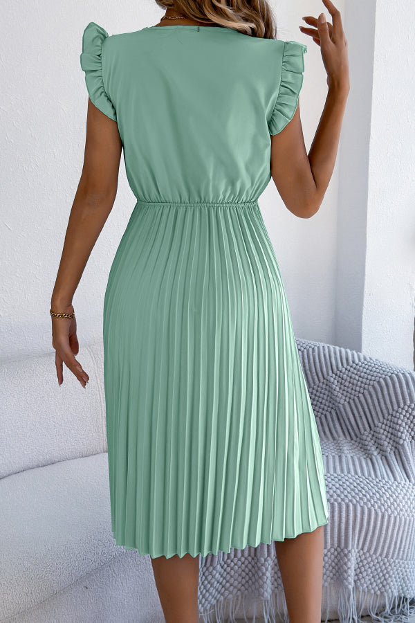 Cardydony Women's Solid Color V-neck Lace-trimmed Sleeveless Casual Pleated Midi Dress