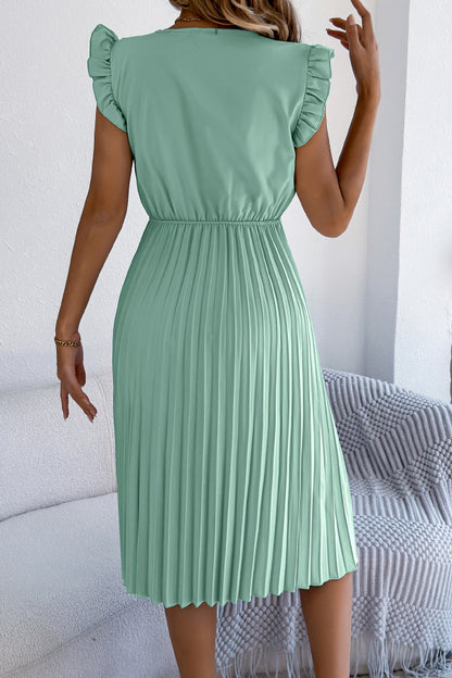 Cardydony Women's Solid Color V-neck Lace-trimmed Sleeveless Casual Pleated Midi Dress