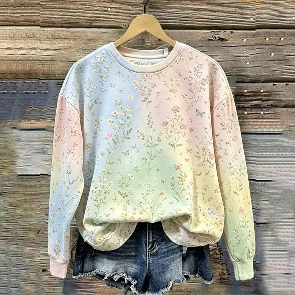 Cardydony Women's Vintage Pink Floral And Small Butterfly Art Crewneck Sweatshirt