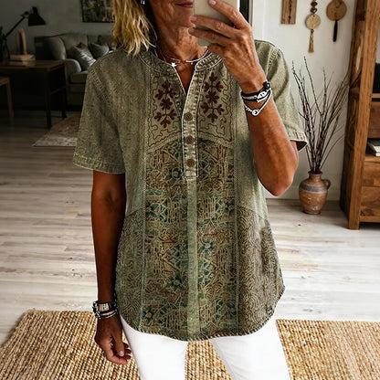 Cardydony Women's Vintage Ethnic Floral Art Print Casual Short-sleeve Shirt