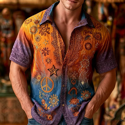 Cardydony Men's Hippie Peace Symbol And Floral Embroidery Tie-dye Casual Short Sleeve Shirt