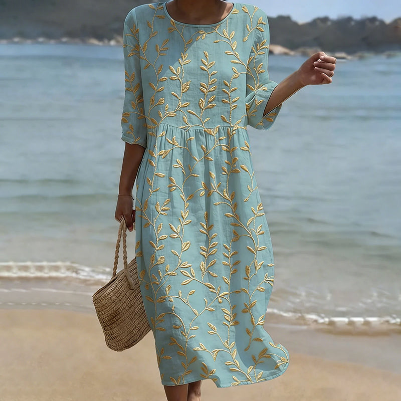 Cardydony Vintage Floral Art Pattern Linen Blend Loose Three-quarter Sleeve Dress