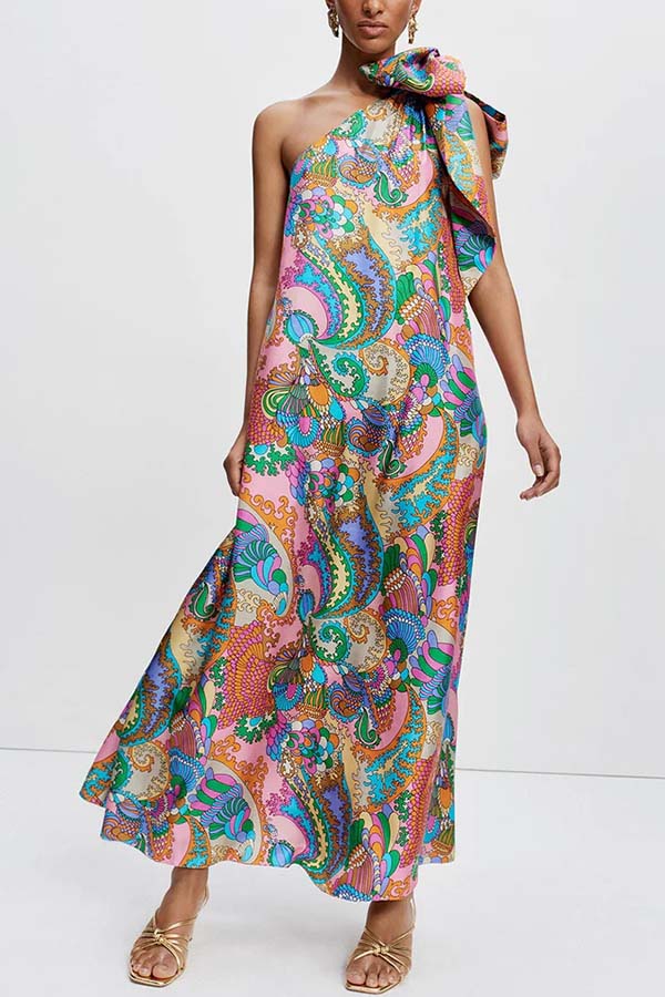 Cardydony Women's Rainbow Breeze Satin Unique Print Bow One Shoulder Loose Maxi Dress