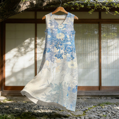 Cardydony Vintage Japanese Floral Painting Art Linen Midi Dress