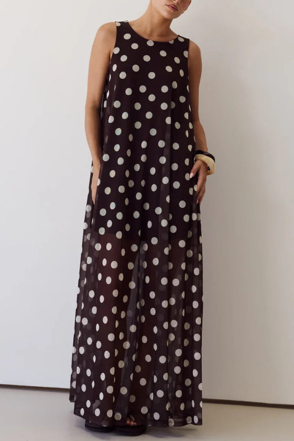 Cardydony Women's  Polka Dot Print Loose Round Neck Sleeveless Mesh Casual Maxi Dress