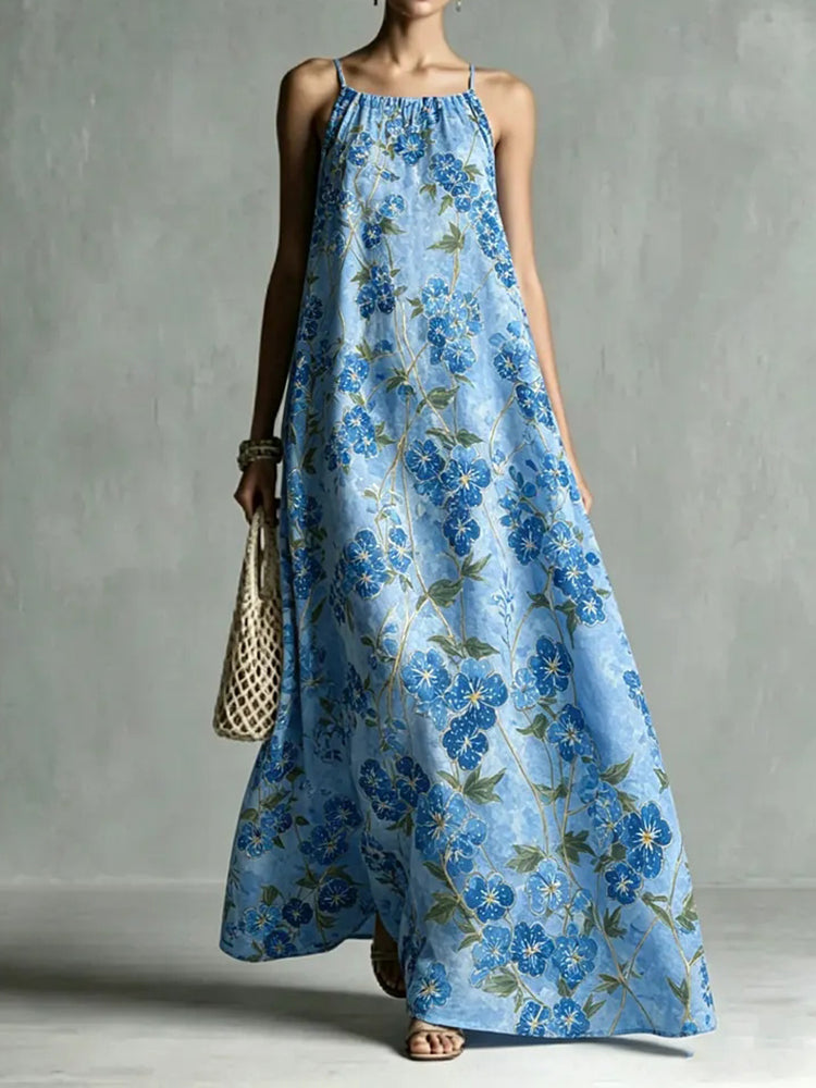 Cardydony Women's Loose Art Oil Painting Floral Print Slim Collar Maxi Dress
