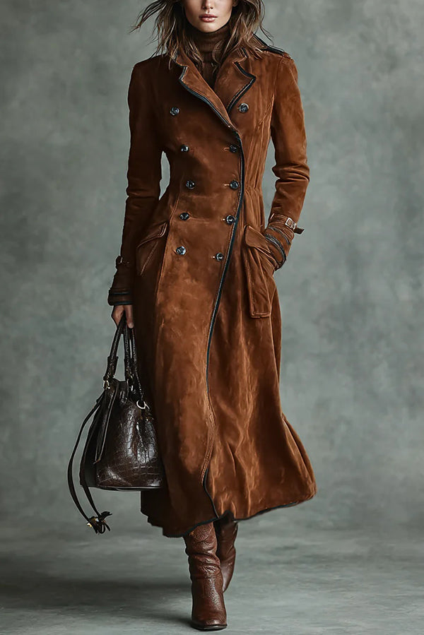 Cardydony Women's Stylish Suede Lapel Button Casual Pocket Long Trench Coat